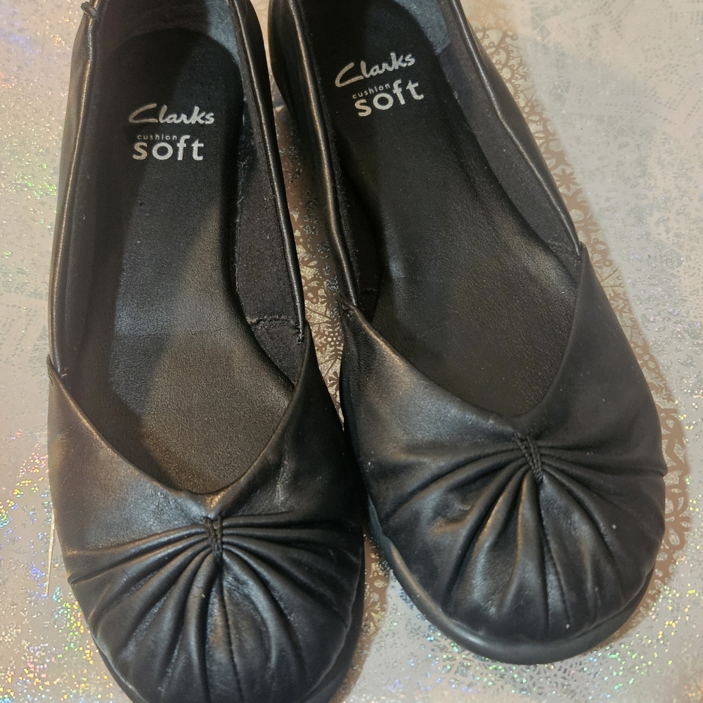 Leather Clarks Soft Black Ballet Flat Slip On Shoes(7)
